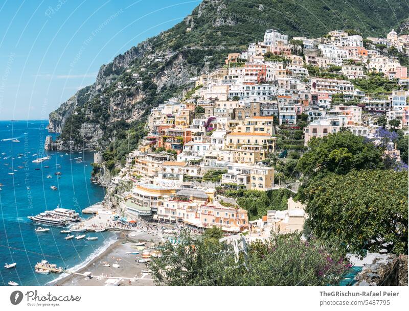 Amalfiküste - Positano am Tag Italien Küste Sommer Landschaft Natur Tourismus Ferien & Urlaub & Reisen Meer Wasser Häuser küsten Bäume Klippe Schönes Wetter