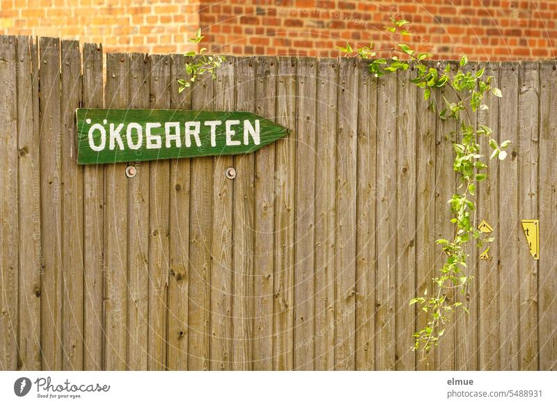 grünes Holzschild - Ökogarten - an einer Wand aus Holzlatten vor einem Ziegelbau Schild Holzwand Hinweisschild Schilder & Markierungen Pfeil Orientierung Blog