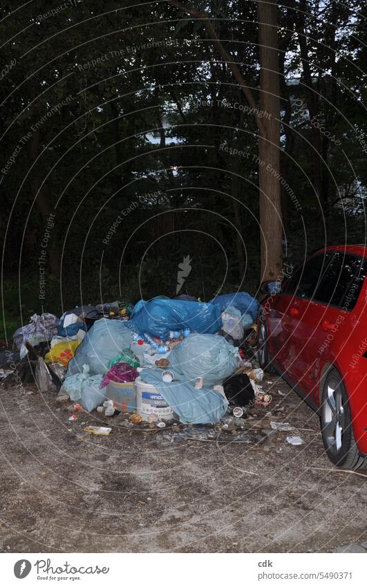 Illegale Müllablagerung auf einem öffentlichen Parkplatz am Rande eines Parks in Deutschland in der Dämmerung.. Abfall illegal Müllentsorgung Müllhalde