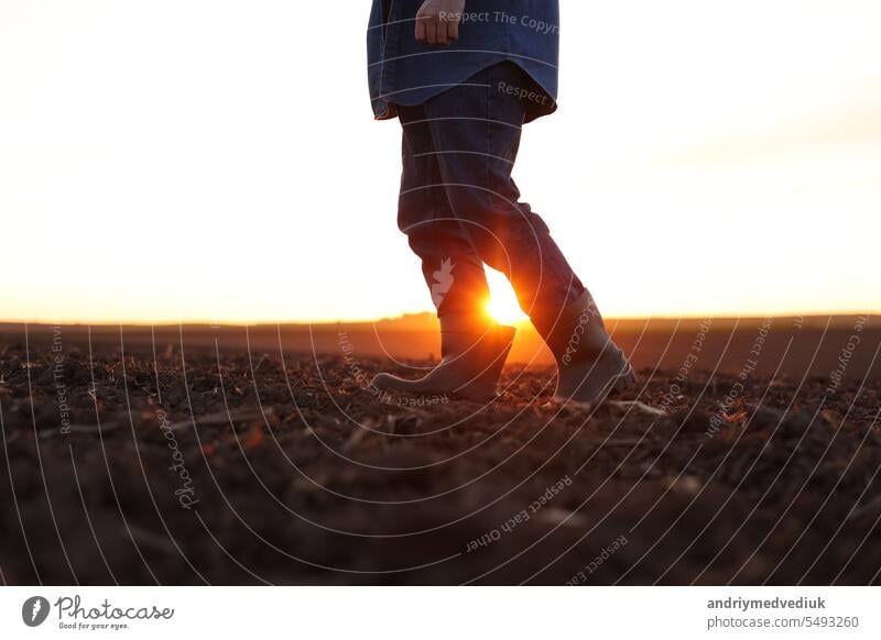 Landwirtschaft. Cropped Schuss der Ansicht Geschäftsmann Landwirt in Gummistiefel geht entlang gepflügten Feld. Agronom überprüft und analysiert fruchtbaren Boden bei Sonnenaufgang. Agribusiness.