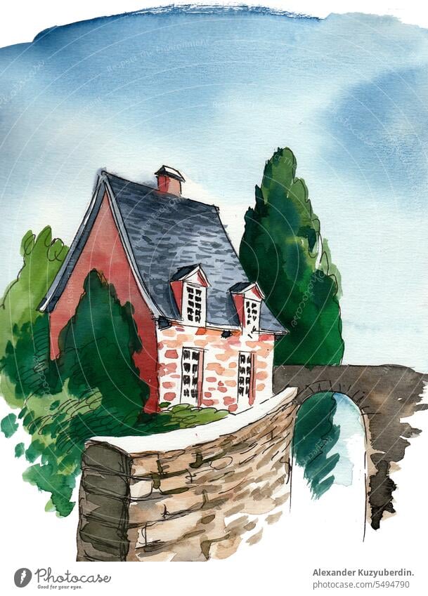 Altes Haus. Tusche- und Aquarellskizze Architektur Kunst Hintergrund Cottage Land Design Europa Fee Hand heimwärts Grafik u. Illustration vereinzelt Landschaft