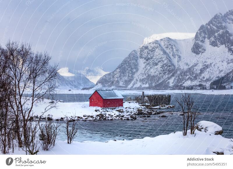 Haus am Ufer in der Nähe von Wasser gegen Berge im Winter Landschaft Berge u. Gebirge Kamm MEER Formation Cottage felsig Schnee kalt frieren Meeresufer lofoten