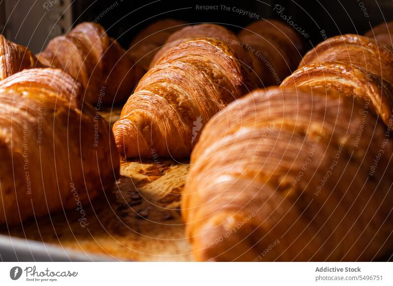 Frisch gebackene leckere Croissants auf dem Tablett Bäckerei Ofen frisch Gebäck Dessert knirschen Küche Lebensmittel Brötchen geschmackvoll süß Mahlzeit Koch