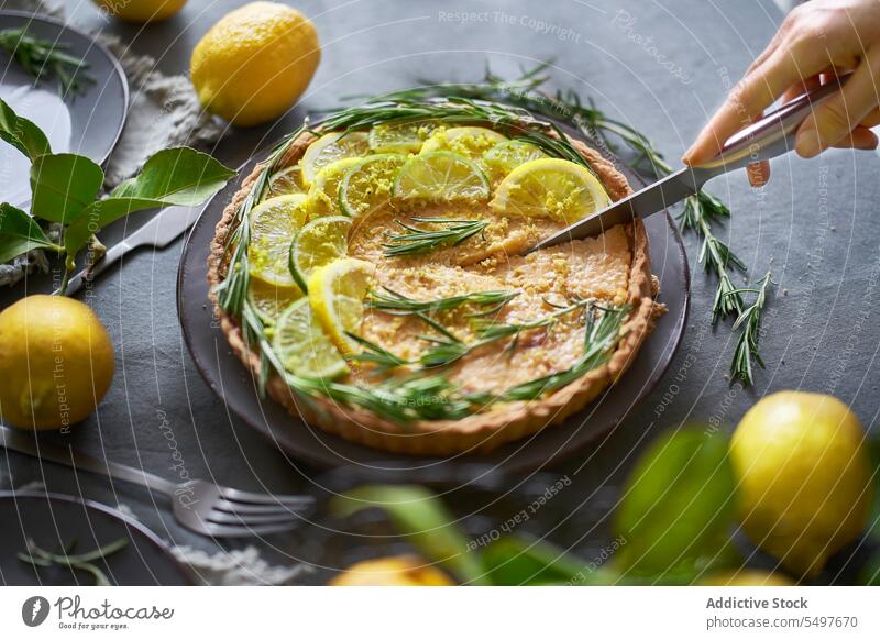 Körperteil einer Person, die eine Zitronentorte anschneidet Zitronenkuchen Pasteten Gebäck Torte selbstgemacht Küche traditionell Leckerbissen gemütlich süß