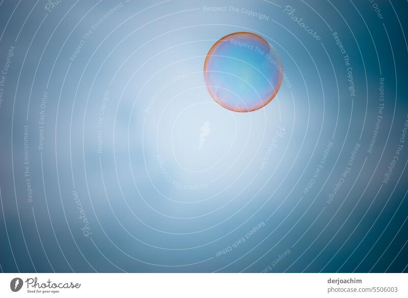 Kleine Seifenblase fliegt in den blauen Himmel. Seifenblase(n) Kugel durchsichtig glänzend Außenaufnahme mehrfarbig leicht fliegen zerbrechlich Vergänglichkeit