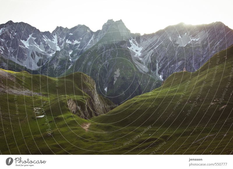 Alpenglühen Umwelt Natur Landschaft Sommer Wetter Schönes Wetter Wiese Felsen Berge u. Gebirge Gipfel leuchten gigantisch hell positiv Stimmung Freiheit