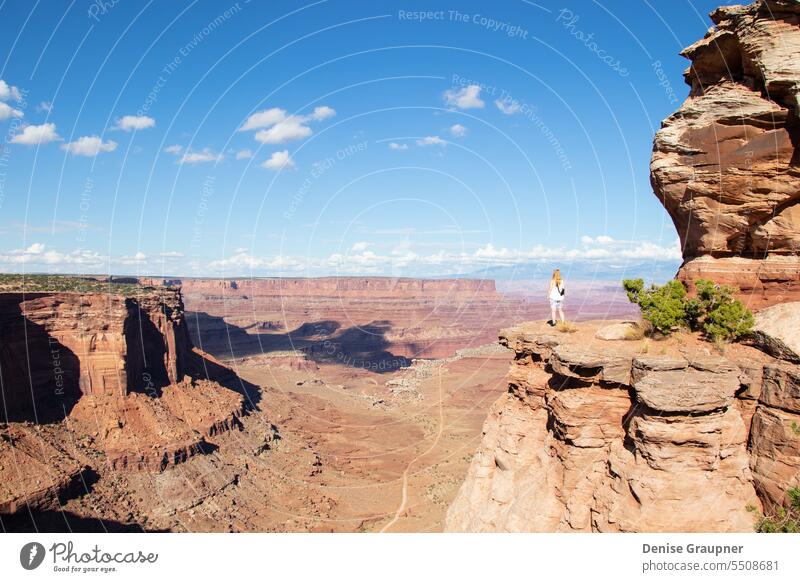 Eine Frau schaut in den Canyonlands National Park USA Utah wandern Moab reisen Natur Landschaft Wildnis Aussichtspunkt Durchblick Person Wanderung Schlucht wüst