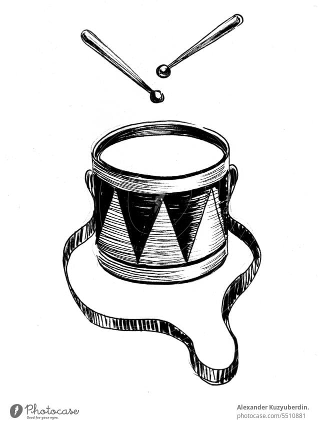 Trommel und Trommelstöcke. Tinte schwarz und weiß Zeichnung Rhythmus Klang Musik Musikinstrument Kunst Kunstwerk Skizze Grafik u. Illustration altehrwürdig