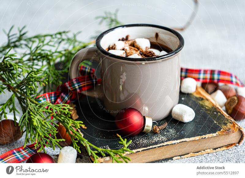 Becher mit Heißgetränk auf Buch Marshmallow Weihnachten Kakao süß trinken Getränk Zweig Tanne Winter Neujahr Dessert Feiertag festlich Veranstaltung nadelhaltig