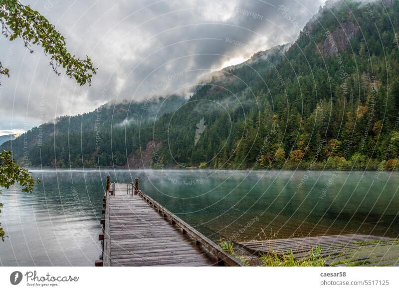 Holzbrücke am Crescent Lake im Olympic National Park See Brücke hölzern nachdenklich Wald Wolken blau Wasser Dock Landschaft Berge u. Gebirge Nebel Frieden Ruhe