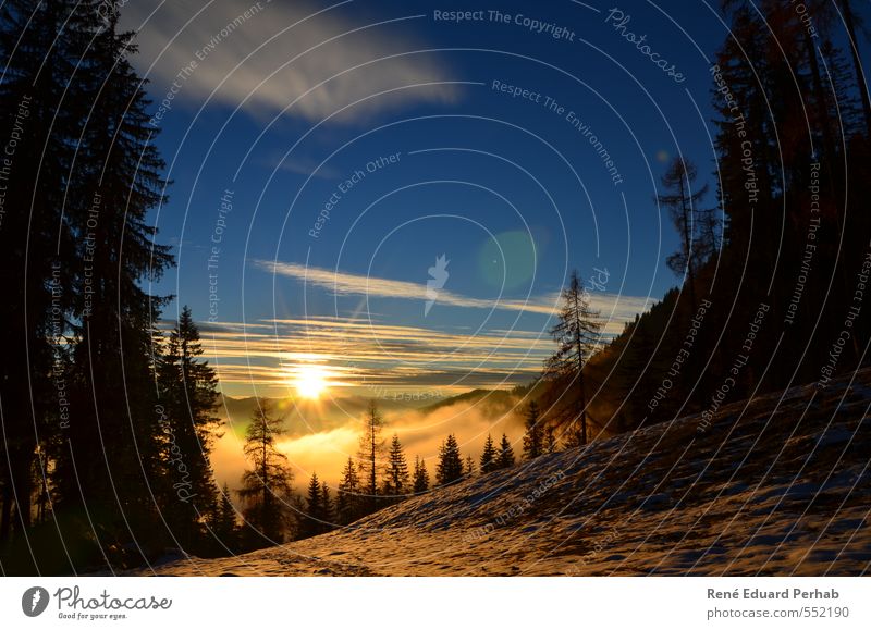 Sonnenuntergang mit Bodennebel und Schnee... Umwelt Natur Landschaft Luft Himmel Wolken Nachthimmel Sonnenaufgang Sonnenlicht Herbst Wetter Schönes Wetter Nebel