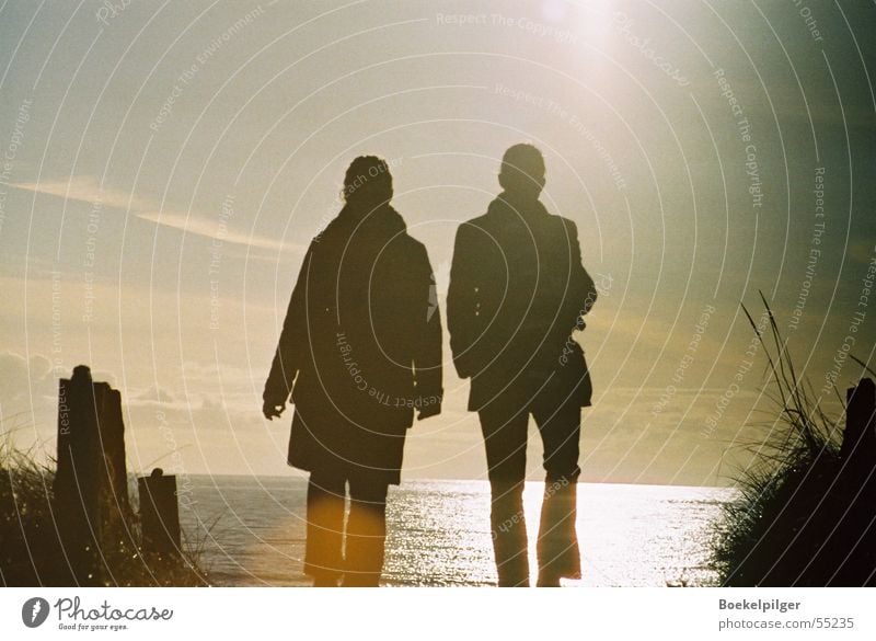 Strandspaziergang Romantik Sonnenuntergang Gegenlicht Meer Frau Zusammensein Mensch Natur Himmel Spaziergang Liebe