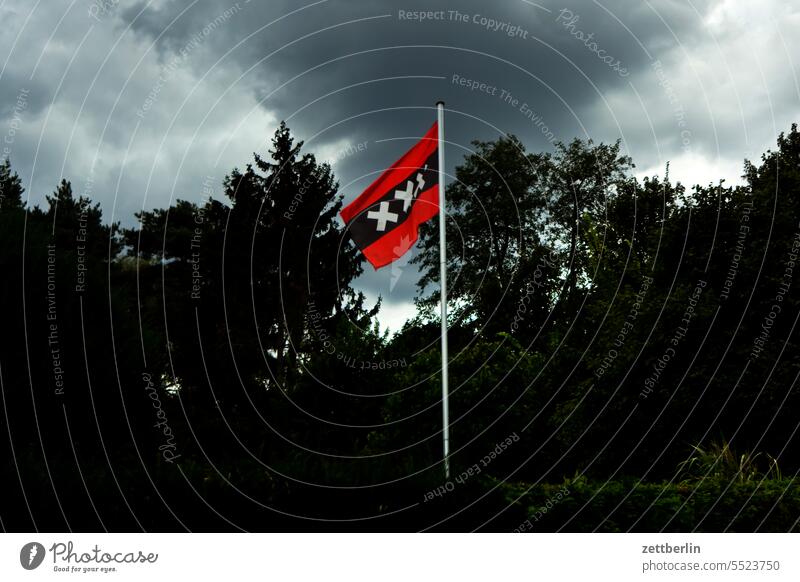 Fahne mit drei Kreuzen abend ast baum dunkel dämmerung erholung ferien garten hecke himmel kleingarten kleingartenkolonie menschenleer nachbarschaft nacht natur