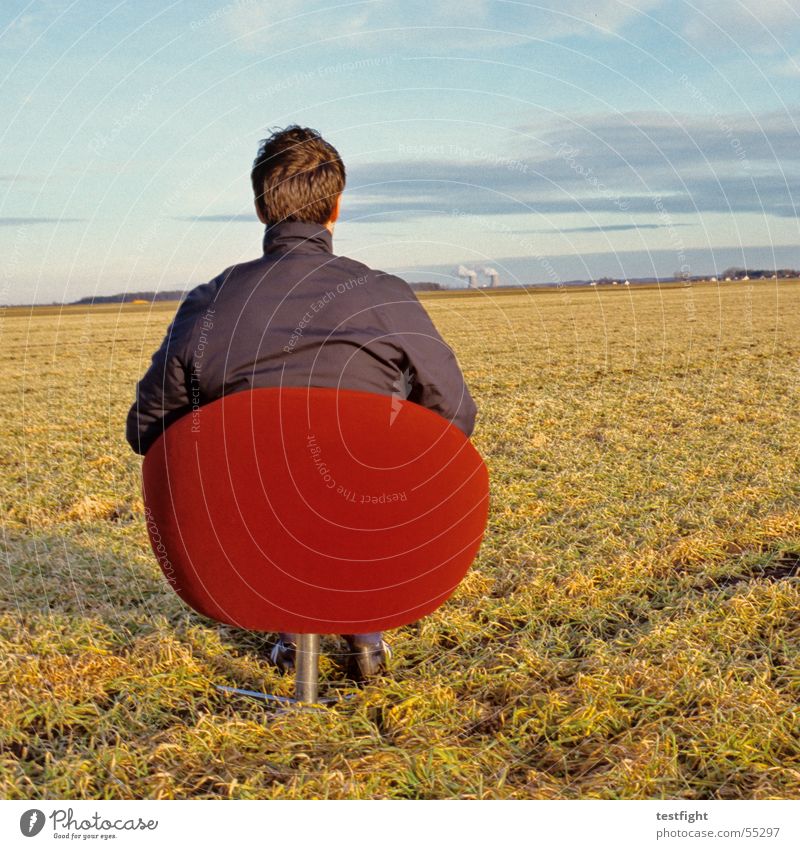 sitting and watching the akw Kernkraftwerk Sessel rot Gundremmingen Himmel Sonnenuntergang sitzen Blick Landschaft Stuhl roter sessel nuclear