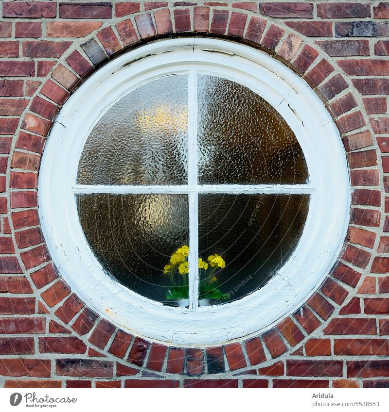 Rundes weiß gerahmtes Fenster mit Fensterkreuz in Backsteinwand rund Kreuz Haus Backsteinmauer Wand Glasscheibe Reflexion & Spiegelung Architektur Stein Gebäude