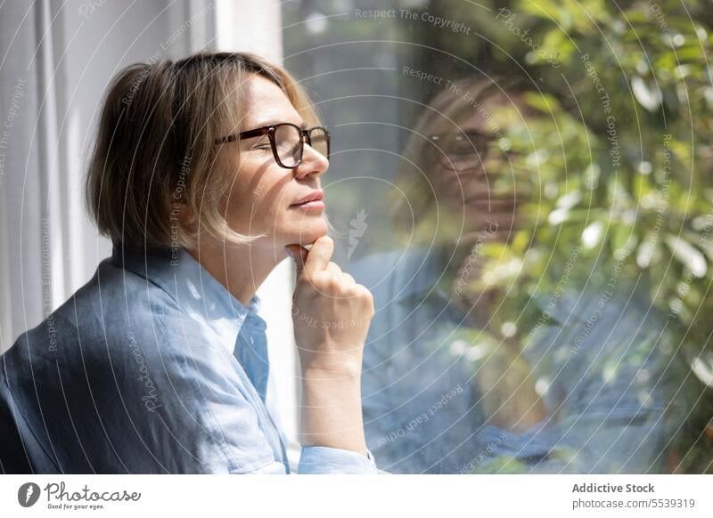 Reife blonde Frau in der Nähe des Fensters zu Hause Pflege heimwärts Raum Appartement Licht ruhig Tageslicht Wohnzimmer im Innenbereich reif Baum