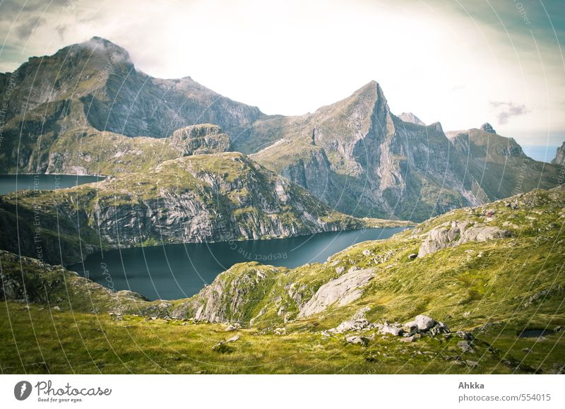 Bergwelt Sinnesorgane ruhig Meditation Ausflug Abenteuer Ferne Freiheit Natur Landschaft Gras Wiese Felsen Berge u. Gebirge Gipfel See außergewöhnlich Stimmung