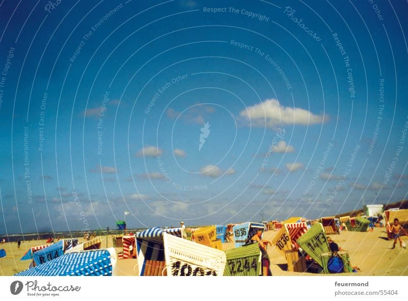 Strandtag Strandkorb Sommer Wolken Langeoog Meer Sand Sonne blau Himmel Nordsee Insel northsea beach chair