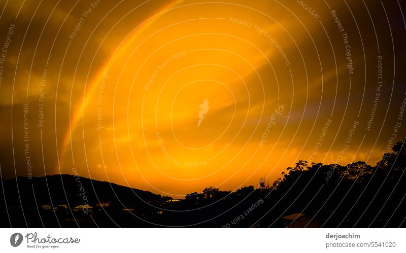 Ein  Regenbogen über dem Berg Hügel mit Sonnenuntergang. Licht Spektralfarbe regenbogenfarben Farbe mehrfarbig Menschenleer bunt Lichtstrahl spektral