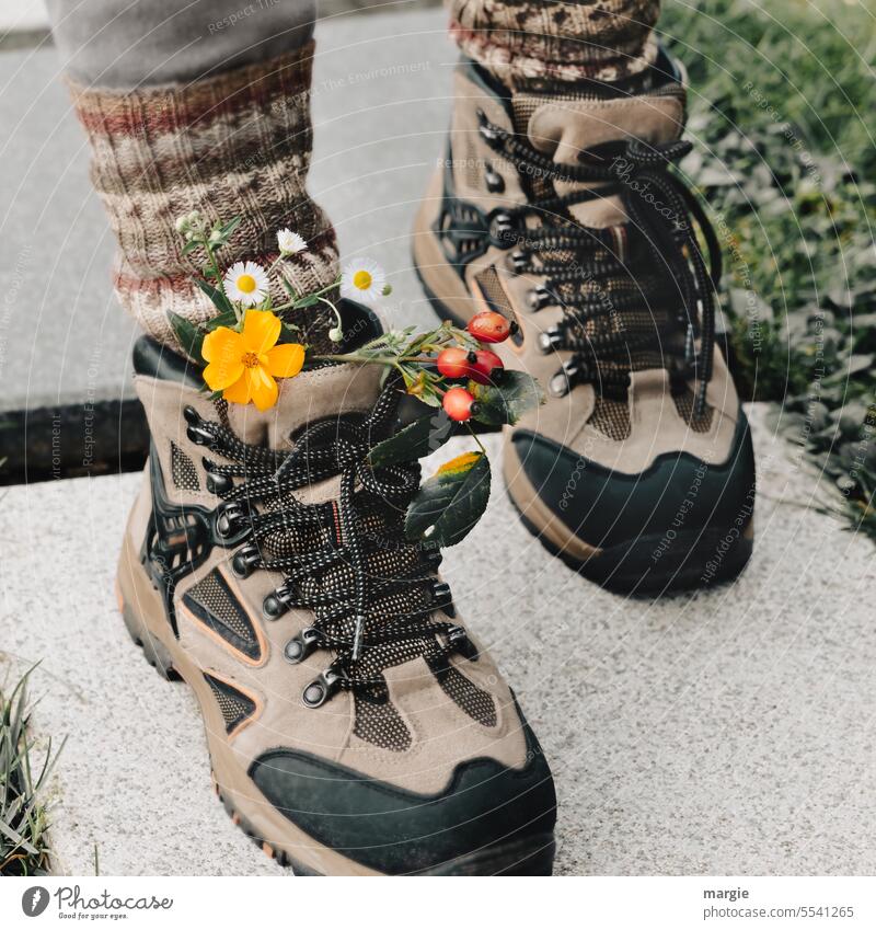 Herbstwanderung herbstlich Wanderschuhe wandern Blumen Hagebutten stricksocken Schnürsenkel Blumenstrauß schmücken Strümpfe Wege & Pfade Spaziergang Umwelt