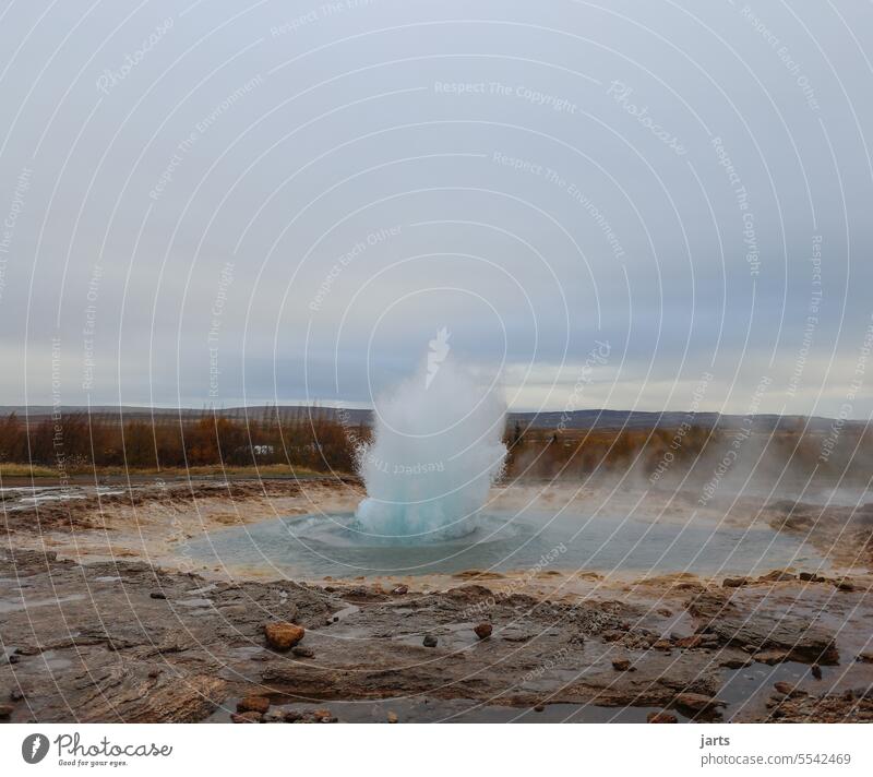 Geysir beim Ausbruch Island Ausbruch des Geysir Wasser Wasserfontäne Naturschauspiel Skandinavien vulkanische Landschaft heiß Kraft Eruption natürlich