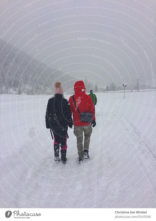 Spaziergang im Schnee Paar Menschen Schneelandschaft Winter Winterwanderung Winterlandschaft schneien Winterstimmung Schneedecke Kälte Wintertag weiß Natur