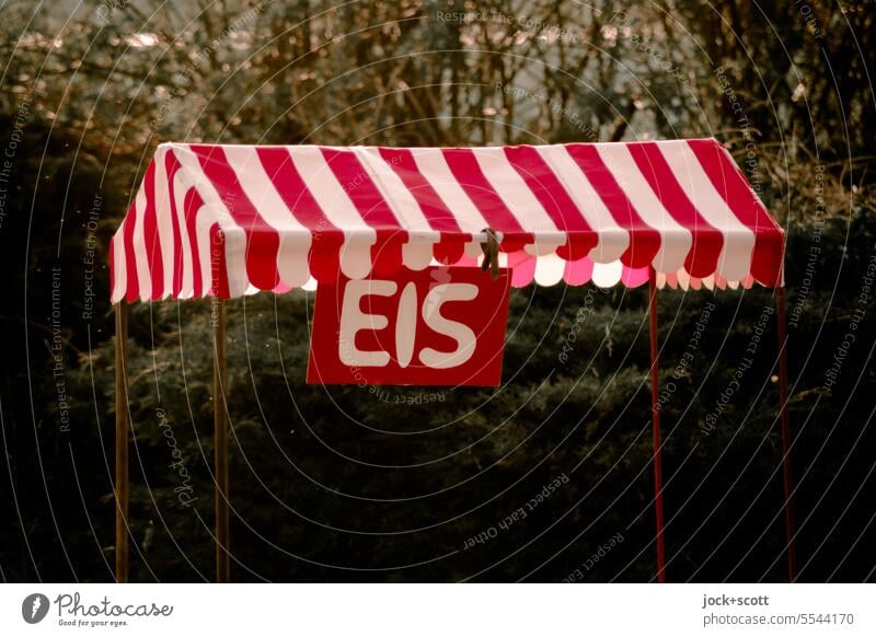 hier gibt es EIS Eiscreme Wort gestreift Speiseeis Dach Eisfahrrad Sommer Streifen Prenzlauer Berg Mauerpark Berlin Hintergrund neutral Büsche Park