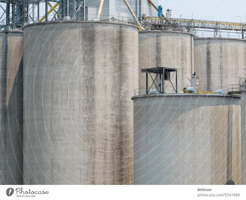 Tierfutterfabrik. Landwirtschaftliche Silos, Getreidelagersilos. Landwirtschaftliche Industrie. Ländliches Agrobusiness. Innovation in der Getreidelagerung. Landwirtschaftliche Silos in einer Futtermittelfabrik. Nachhaltige Landwirtschaft.