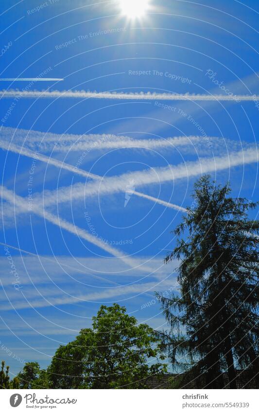 Kondensstreifen von Flugzeugen an blauem Himmel flugzeug himmel fliegen tourismus chemtrails verschwörung wetter klima Luftverkehr Ferien & Urlaub & Reisen