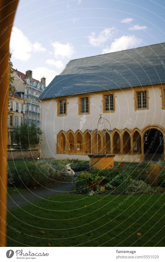 Cloître des Récollets à Metz Kloster Rekollekte Frankreich gelb Klostergarten Garten Brunnen Innenhof kirche glaube gläubig Wandelgang torbogen Torbögen Hund