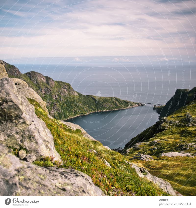 verbunden Natur Landschaft Himmel Gras Moos Felsen Berge u. Gebirge Küste Bucht Fjord Meer See Straße Wege & Pfade Brücke Stimmung Abenteuer Stress