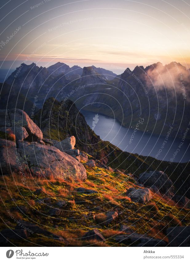 Fjord, Lofoten Natur Landschaft Himmel Wolken Pflanze Gras Felsen Berge u. Gebirge Gipfel Bucht Hütte ästhetisch außergewöhnlich exotisch fantastisch fest