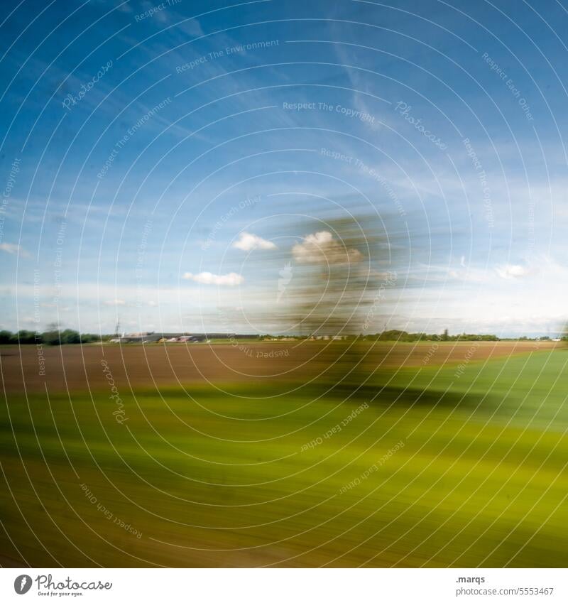 Baum Bewegungsunschärfe Zukunft Fernweh Heimweh Geschwindigkeit fahren Bahnfahren Verkehr Schönes Wetter Himmel Landschaft Natur Sommer Ferne Abenteuer Ausflug