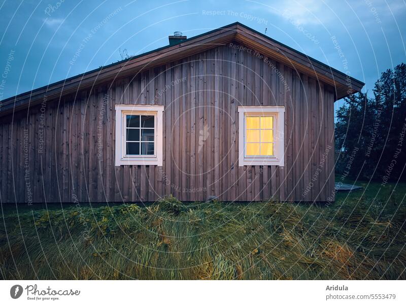 Holzhaus mit Fenstern am Abend Passivhaus Energie Licht Beleuchtung Haus Holzwand Fassade Hütte Ferienhaus Dämmerung Holzhütte Gebäude Architektur ökologisch