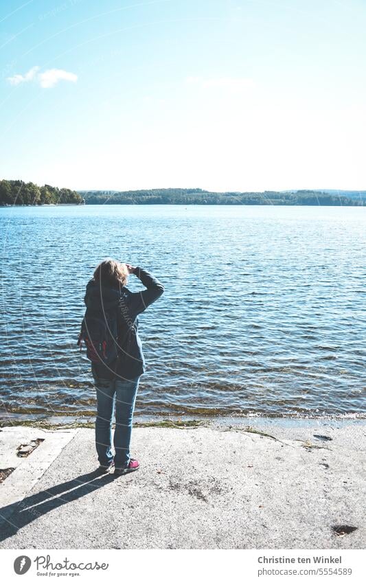 Blick über den Stausee Frau Wasser Gewässer Möhnesee Sauerland Möhnetalsperre Natur Reflexion & Spiegelung schauen Ufer Wald Uferbefestigung See Landschaft