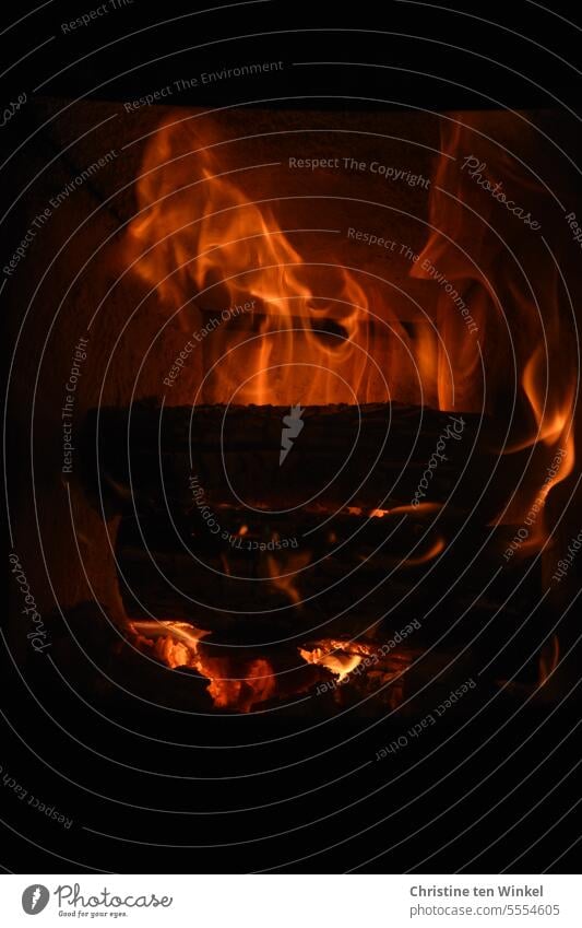 gemütliches wärmendes Feuer im Kaminofen Kaminfeuer Wärme Feuerstelle Ofen warm knistern prasseln Flamme heiß Holz brennen Hitze glühend Kaminholz Brennholz