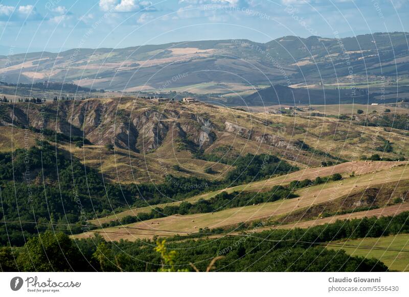 Ländliche Landschaft in der Toskana bei Radicofani Europa Italien Siena Val d Orcia Ackerbau Farbe Tag Bauernhof Feld grün Hügel Natur Fotografie ländlich