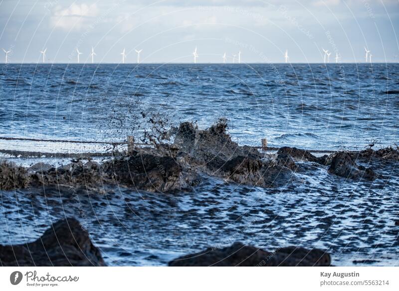 Wellenschlag im Uferbereich Sylt Landschaft Wattenmeer Gischt Sturm Nordsee Meer Wellengang Küste Brandung Außenaufnahme Farbfoto Natur Wasser Wellenform