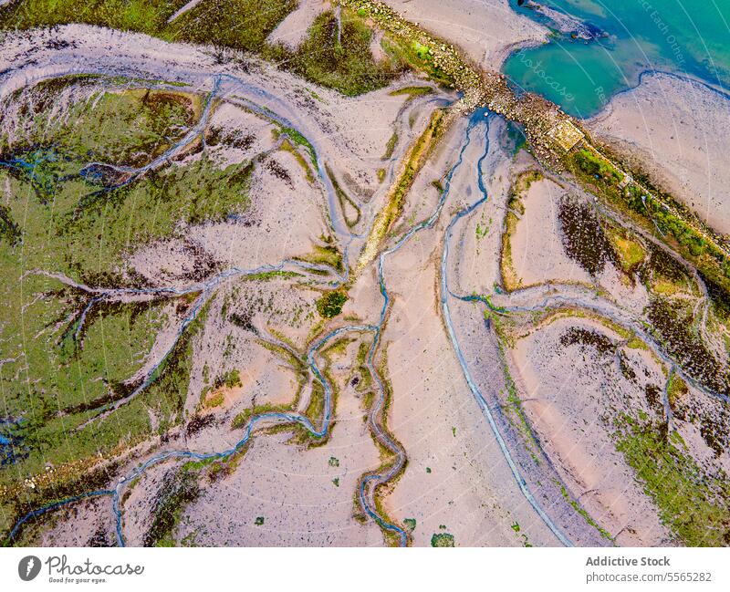 Luftaufnahme der verschlungenen Wasserwege im Sumpfgebiet Antenne Wasserstraße grün Vegetation Dröhnen Landschaft Natur Feuchtgebiet Gelände Fleck Muster Fluss