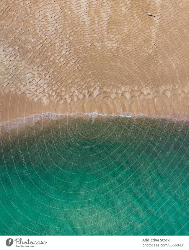 Anonyme Person, die am Sandstrand des türkisfarbenen Meeres im Sommer spazieren geht MEER Strand Tourist rau Rippeln Reisender Ufer Uferlinie Küste Resort