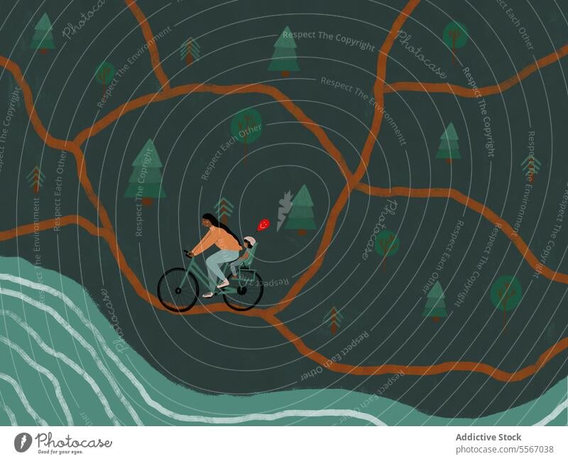 Mann radelt mit Kind und Luftballon im Wald Frau Fahrrad Sitz Mitfahrgelegenheit Schutzhelm Grafik u. Illustration männlich Mode Verkehr umweltfreundlich