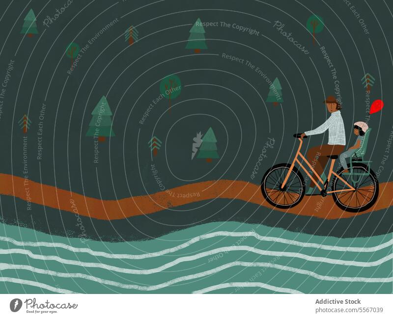 Mann radelt mit Kind und Luftballon im Wald Fahrrad Straße Sitz Mitfahrgelegenheit Schutzhelm Grafik u. Illustration männlich Verkehr umweltfreundlich Tochter