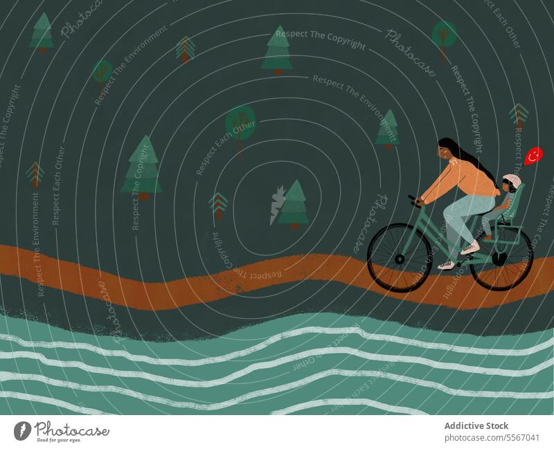 Mann radelt mit Kind und Luftballon im Wald Frau Fahrrad Sitz Mitfahrgelegenheit Schutzhelm Grafik u. Illustration männlich Mode Verkehr umweltfreundlich