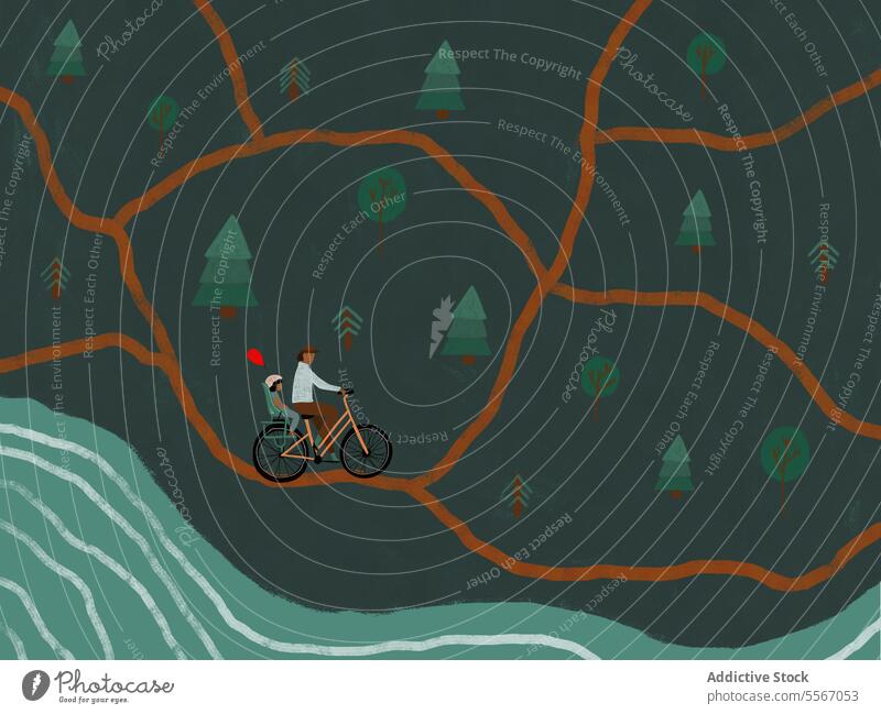 Mann radelt mit Kind und Luftballon im Wald Fahrrad Straße Sitz Mitfahrgelegenheit Schutzhelm Grafik u. Illustration männlich Verkehr umweltfreundlich Tochter