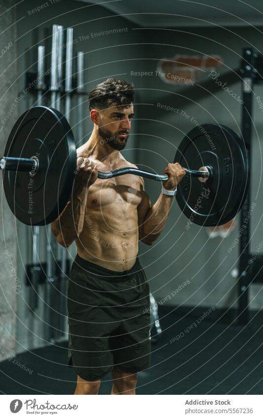 Einsatz der Langhantel Mann Fitnessstudio Curl-Hantel heben ohne Hemd Shorts Tatkraft Muskel Physis undeutlich beleuchtet Training modern Schweiß männlich