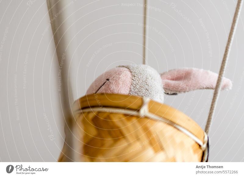 Kuscheltier Essen in einem Korb der an Schnüren in der Luft hängt Esel Heißluftballon Reise Kindheit fliegen Abenteuer