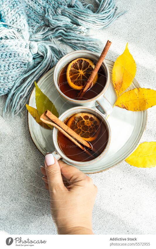 Unbekannte Hand greift nach herbstlichem Gewürztee Tee gewürzt Tasse Zimt Anis getrocknet orange Scheibe Blatt gelb Herbst Getränk blau Schal grau Oberfläche