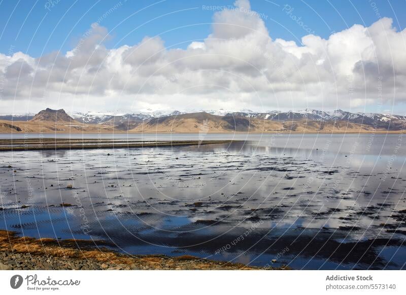 Spiegelung in einem See in Island in der Nähe verschneiter Berge Cloud Berge u. Gebirge Grasland Gelände Landschaft Natur Wasser bewölkter Himmel im Freien