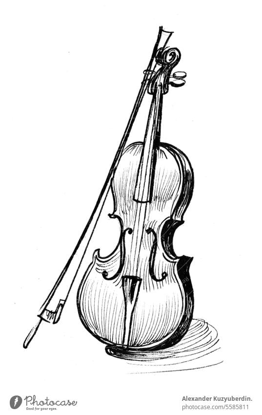 Skizze Violine. Handgezeichnete Tusche-Schwarz-Weiß-Zeichnung Antiquität Kunst Hintergrund schwarz klassisch Klassik Konzert Gravur Ätzen Grafik u. Illustration