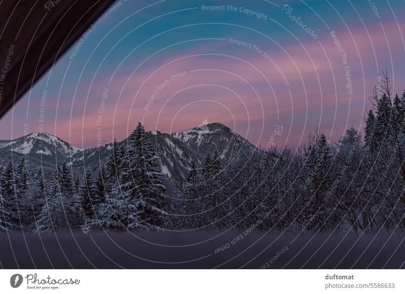 Blick vom Hüttenbalkon auf winterliche Landschaft bei Sonnenaufgang Winter Berge Wald Moorgens Natur Berge u. Gebirge Himmel Schnee Gipfel Alpen kalt